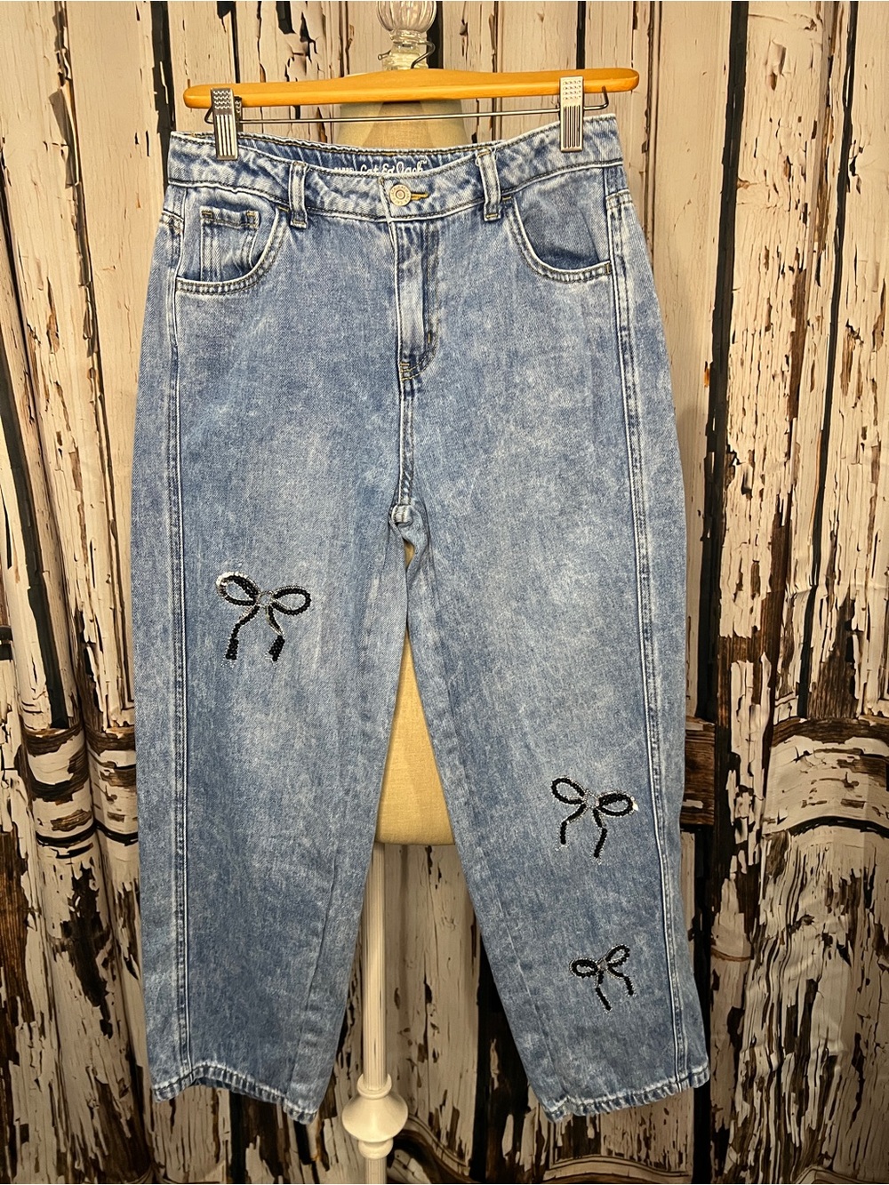 BARREL JEANS by Cat & Jack Light Blue with Black Bow Embroidery